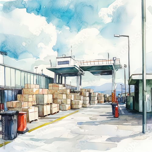 Customs inspection, goods piled at a border station, Watercolor style photo