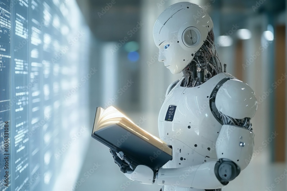 Fototapeta premium Futuristic Robot Reading a Book in a Modern Environment