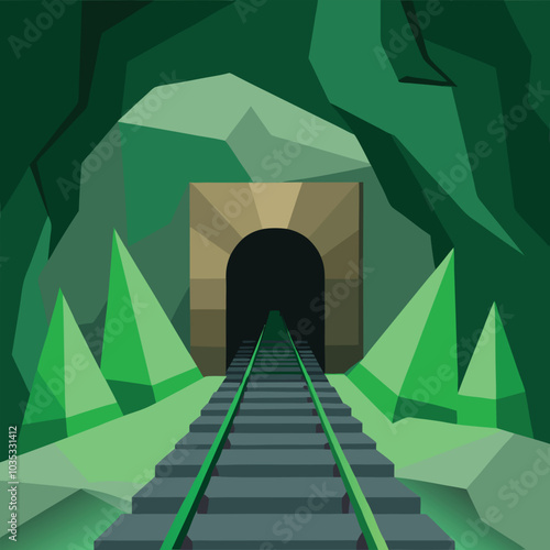 Emerald mine tunnel inside view, cave with railway vector illustration