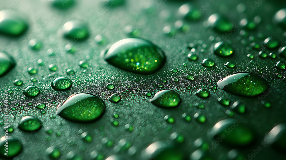 Water Droplets Reflecting Green Light, Close-Up Macro Photography Water Droplets Reflecting Green Light, Close-Up Macro Photography