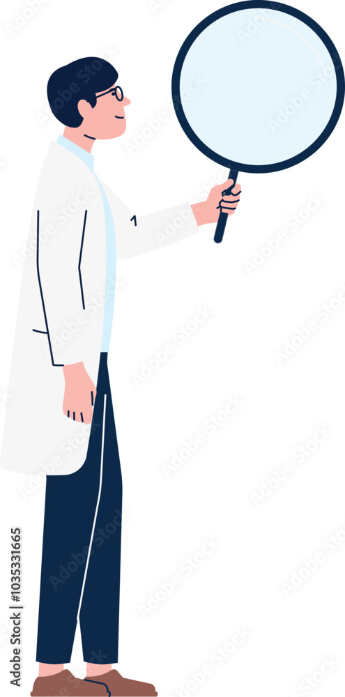 Man with big magnifying glass. Scientific research character Man with big magnifying glass. Scientific research character