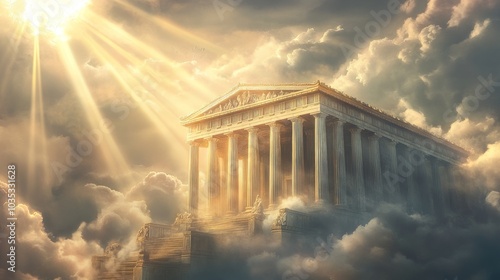 A majestic ancient temple with columns stands on a cloud with sun rays shining through.
