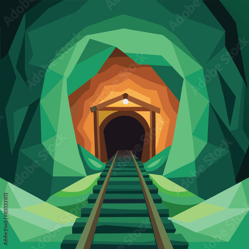 Emerald mine tunnel inside view, cave with railway vector illustration