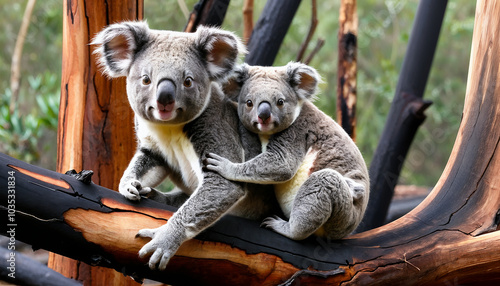 koala bear family on burned tree photo