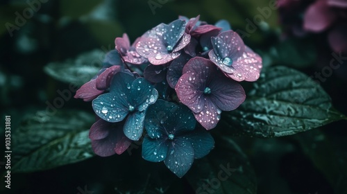 Dew-Covered Blue and Purple Hydrangea Petals