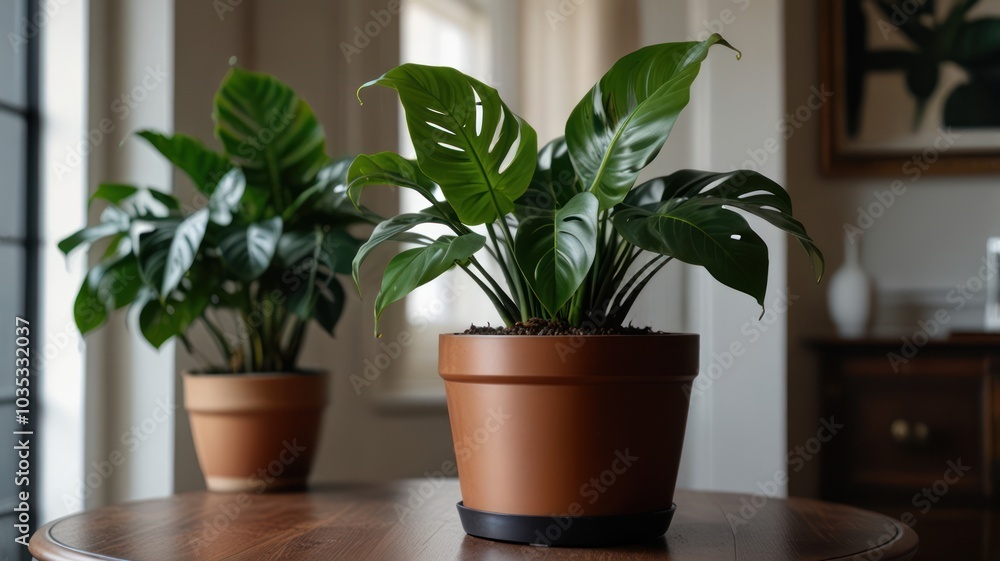 Fototapeta premium Two potted houseplants with large green leaves on a wooden table in a living room.