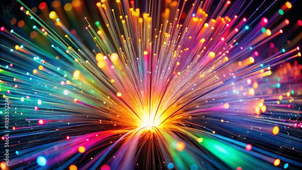 Colorful Abstract Burst of Light through Fibre Optic Strands in Double Exposure Photography Colorful Abstract Burst of Light through Fibre Optic Strands in Double Exposure Photography