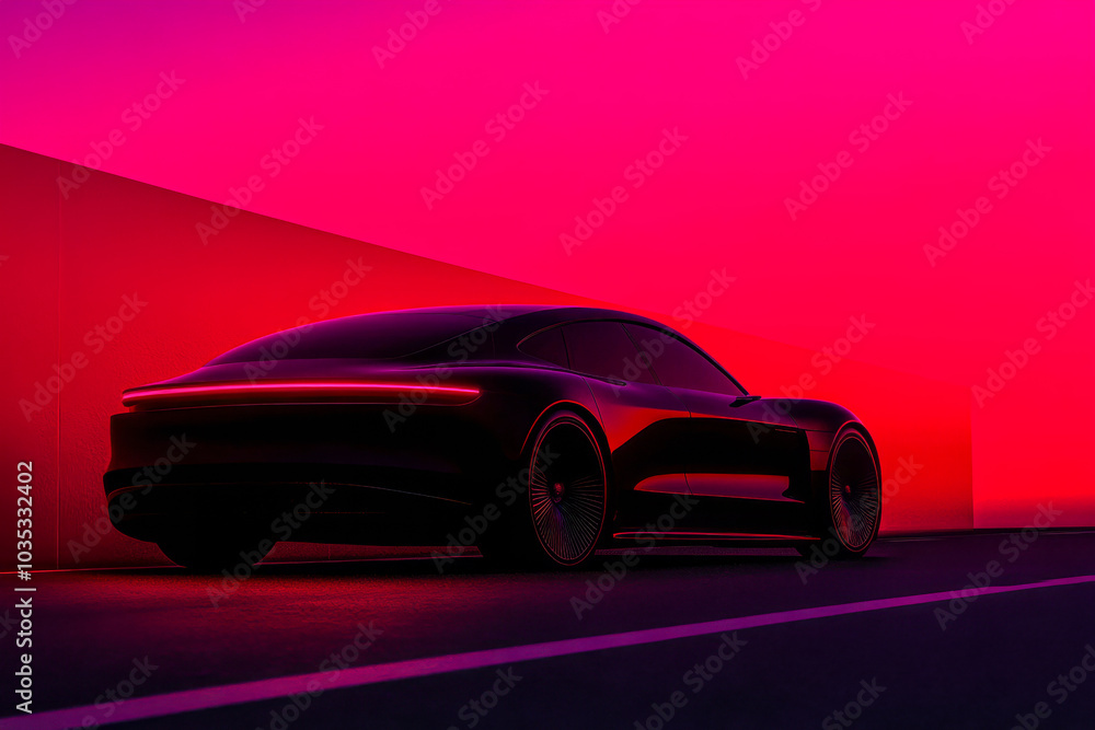 A sleek electric car parked under vibrant neon lights at dusk in an urban environment A sleek electric car parked under vibrant neon lights at dusk in an urban environment