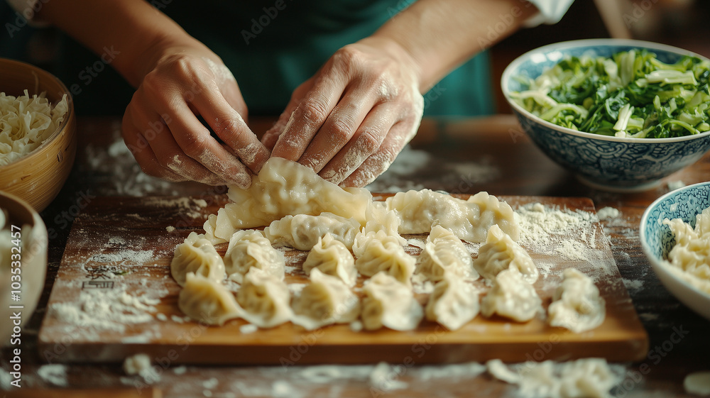 a close-up of a person’s hands preparing traditional lunar new years food dumplings, placed in a traditional patterned bowl a close-up of a person’s hands preparing traditional lunar new years food dumplings, placed in a traditional patterned bowl