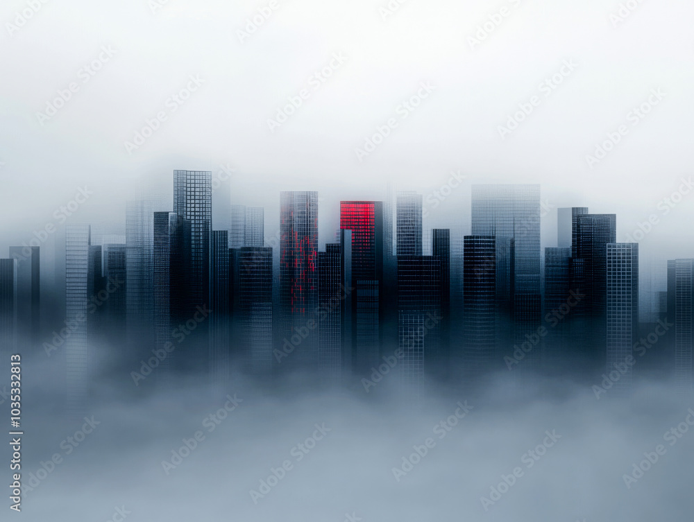 Misty skyline of a modern city emerging through fog on an overcast day Misty skyline of a modern city emerging through fog on an overcast day