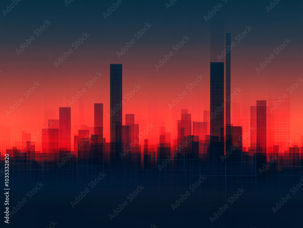 Urban skyline illuminated by vibrant red and blue colors during twilight hours Urban skyline illuminated by vibrant red and blue colors during twilight hours