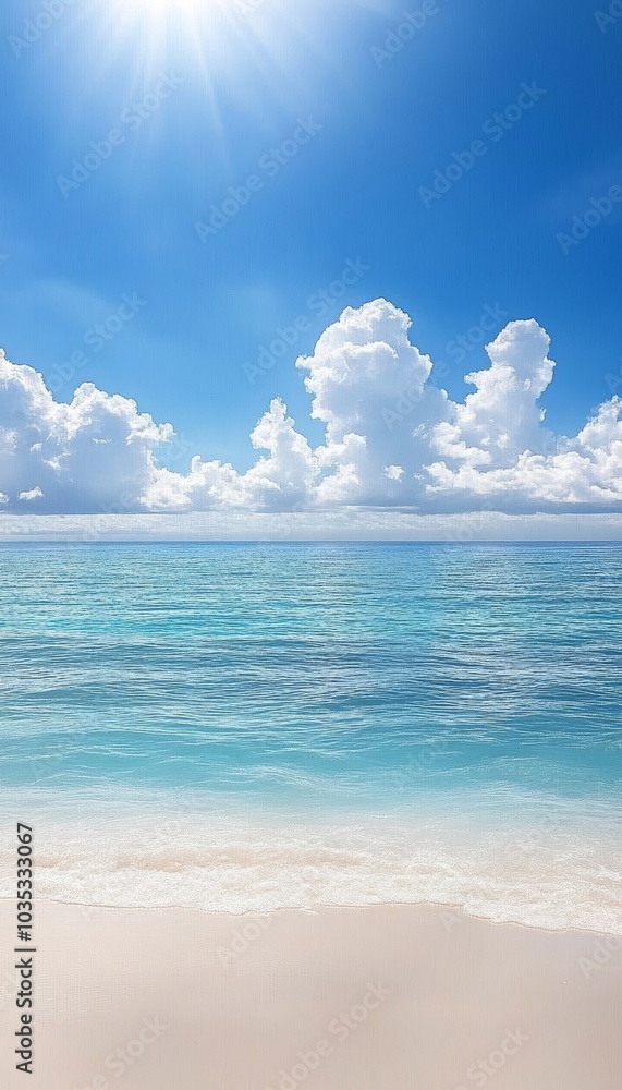 Sunny Day Paradise. Untouched White Sandy Beach And Tropical Ocean With Blue Sky And Cumulus Clouds Sunny Day Paradise. Untouched White Sandy Beach And Tropical Ocean With Blue Sky And Cumulus Clouds