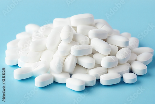 A large pile of white tablets resting on a light blue surface, showcasing various shapes and sizes of medicinal pills. Generative AI