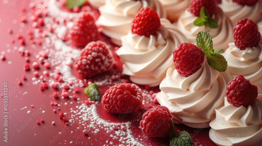 Delightful raspberry meringue treats arranged elegantly on a red backdrop for a festive dessert table. Generative AI Delightful raspberry meringue treats arranged elegantly on a red backdrop for a festive dessert table. Generative AI