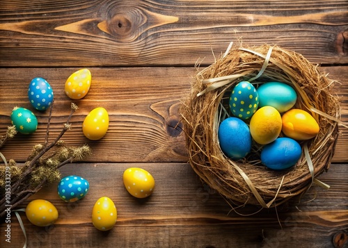 Colorful Blue and Yellow Easter Eggs on Wooden Holiday Banner for a Joyful Happy Easter Card