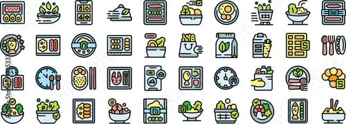 People ordering, cooking and eating healthy food online using mobile app. Nutritionists giving online advices for balanced diet. Healthy lifestyle icons set