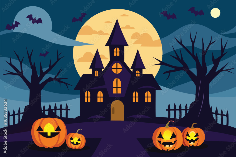 Halloween pumpkin and hunted house with full moon background - Generative AI Halloween pumpkin and hunted house with full moon background - Generative AI