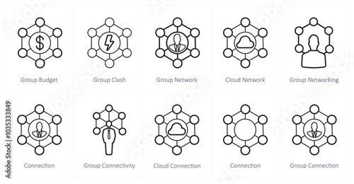 A set of 10 web marketing icons as group budget, group clash, group network