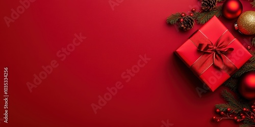Red Christmas Gift with Ornament and Pine Decorations