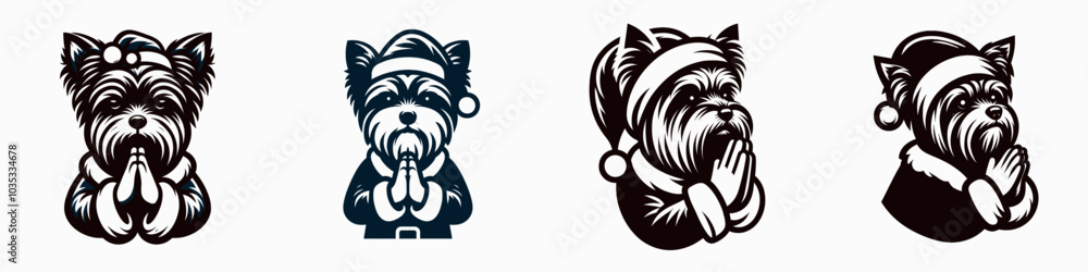 Obraz premium Yorkshire Terrier in Santa Claus Costume with Praying Hands