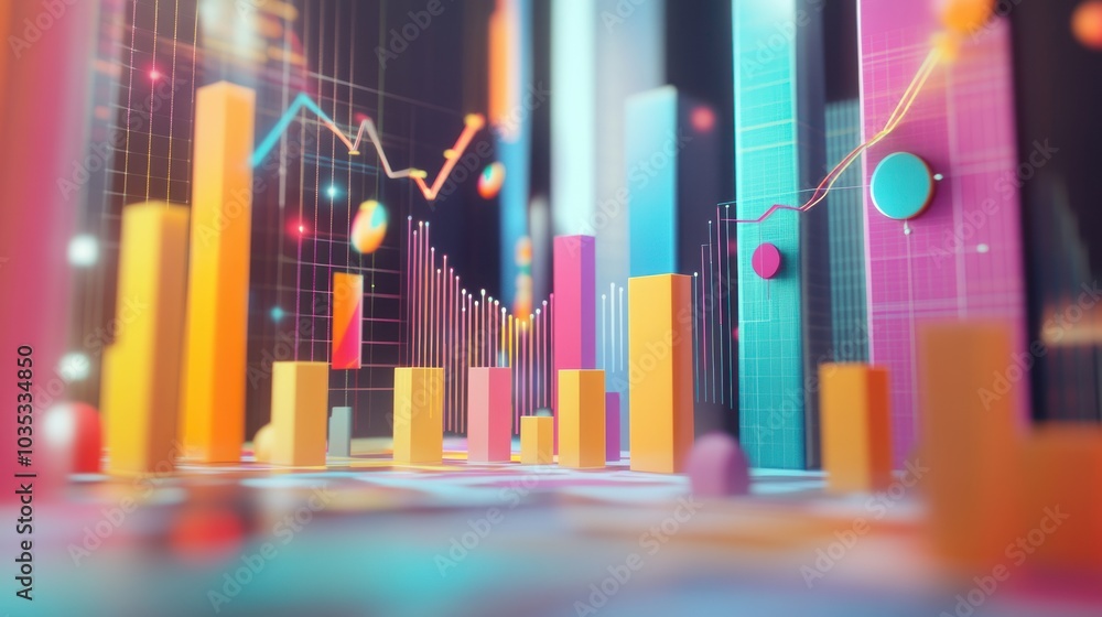 Colorful 3D chart with bars, lines and circles showing business growth and success. Colorful 3D chart with bars, lines and circles showing business growth and success.