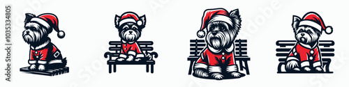 Yorkshire Terrier in Santa Claus Costume on a Bench