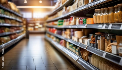 Retail store shelf with various products, symbolizing commerce, sales, and inventory.