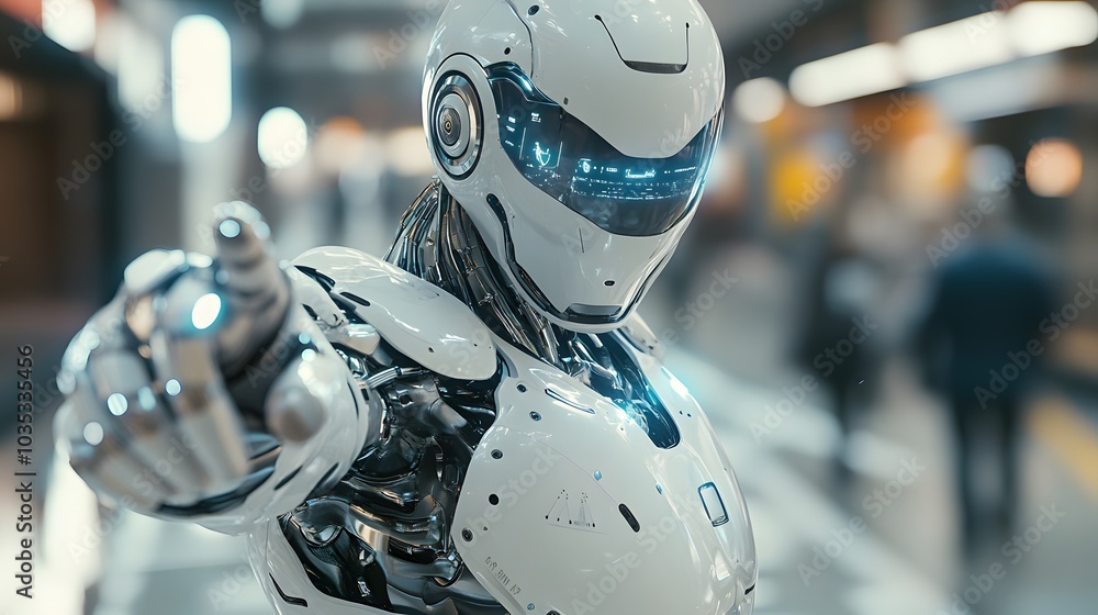 White cyborg pointing his finger 3D rendering. White cyborg pointing his finger 3D rendering.
