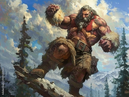 Powerful Fantasy Giant Warrior in Mountainous Landscape