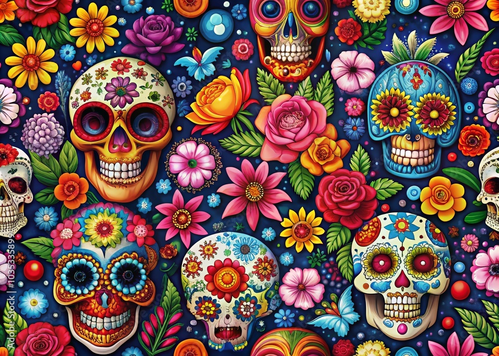 Fototapeta premium Colorful Floral Sugar Skulls Pattern for Day of the Dead Celebrations