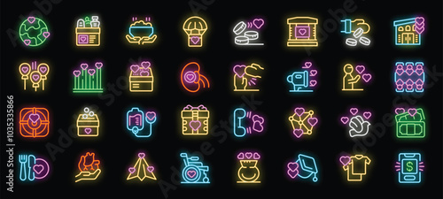 Charity giving and volunteering neon icons set vector. Charity food and clothes donation, financial help and blood, supporting volunteers and medical aid neon light signboards. Vector