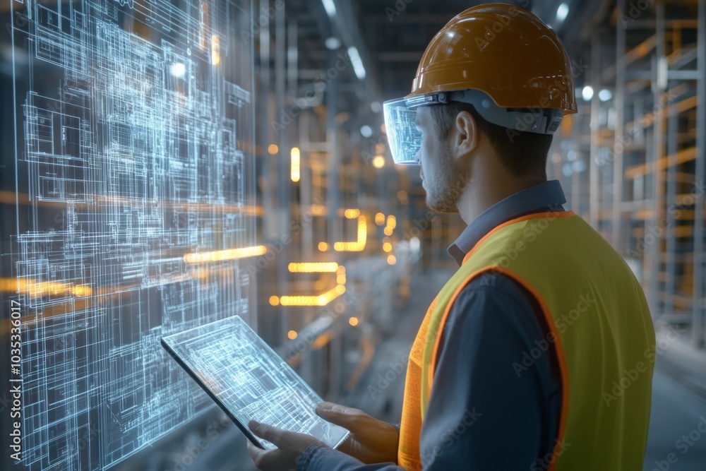 Futuristic Engineer Analyzing Digital Blueprints in Modern Factory Futuristic Engineer Analyzing Digital Blueprints in Modern Factory