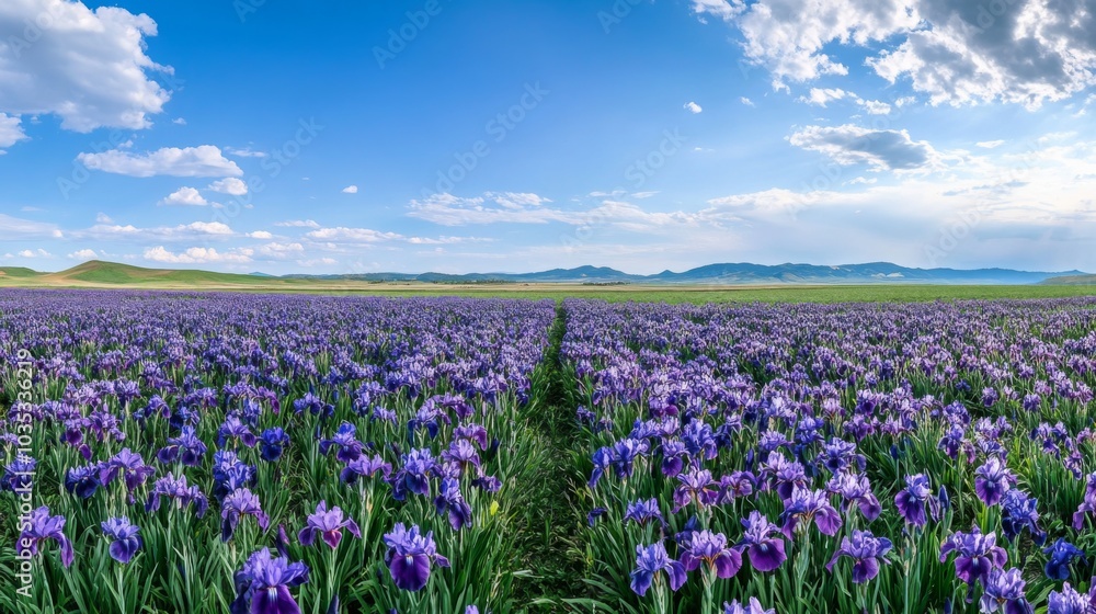 A vast field of purple irises in bloom under a blue sky with white clouds A vast field of purple irises in bloom under a blue sky with white clouds