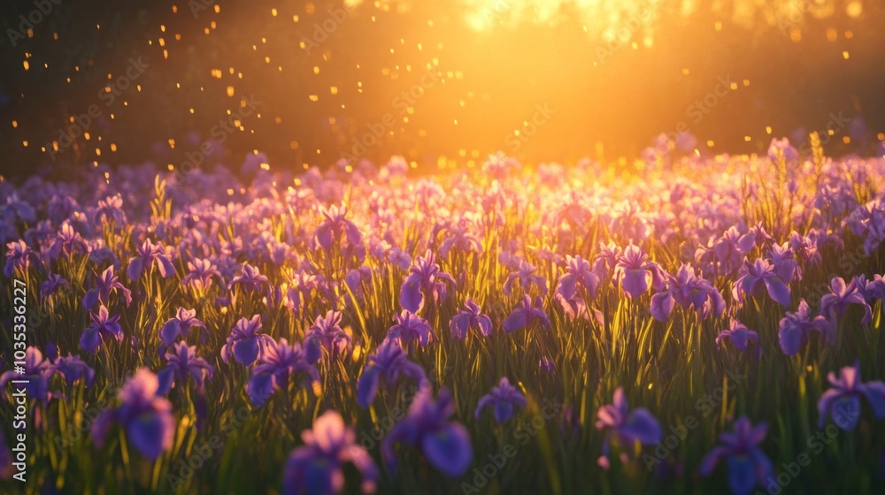 Naklejka premium Purple Iris Flowers in a Field with Golden Sunset Light