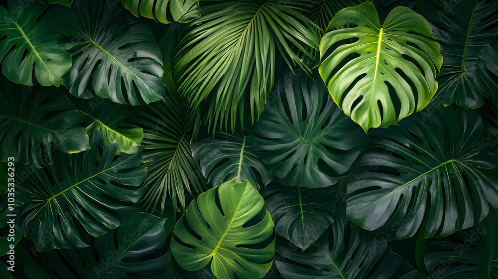Top view of a tropical plant arrangement with monstera leaves and palm fronds Top view of a tropical plant arrangement with monstera leaves and palm fronds