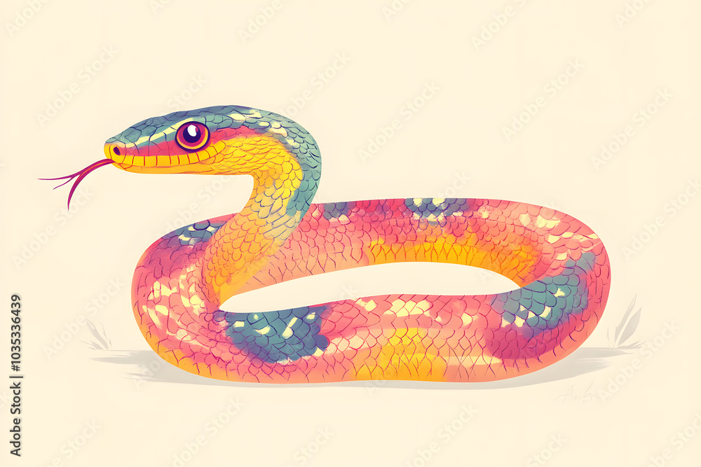Obraz premium カラフルなヘビのイラスト、鮮やかな色彩のユニークなデザイン