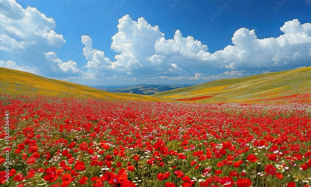 A vibrant landscape filled with red poppies and lush green grass under a blue sky. A vibrant landscape filled with red poppies and lush green grass under a blue sky.