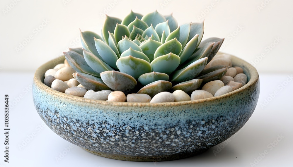 op view of a succulent plant arrangement in a ceramic pot, surrounded by pebbles op view of a succulent plant arrangement in a ceramic pot, surrounded by pebbles