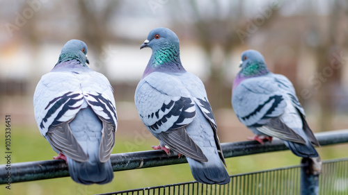 Three pigeons are perched on a fence. The birds are all grey and black, with one of them having a white stripe on its back. The scene is peaceful and calm photo