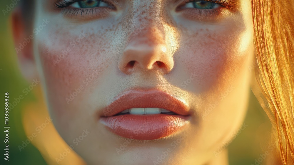Close-up of a young woman with freckles and bright eyes, natural lighting. Close-up of a young woman with freckles and bright eyes, natural lighting.