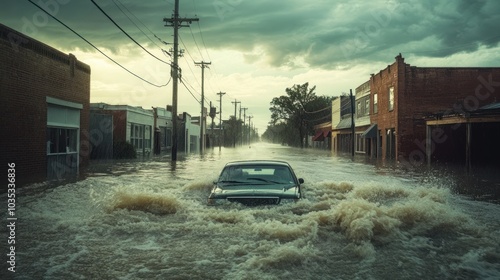 Car Driving Through Flooded Street in Small Town