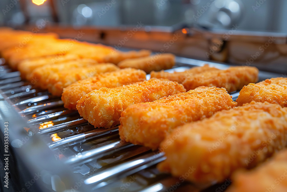 Fish sticks are frying on a grill, showcasing their crispy golden texture. The busy kitchen atmosphere hints at a popular lunchtime setting, inviting appetites and culinary delight. Fish sticks are frying on a grill, showcasing their crispy golden texture. The busy kitchen atmosphere hints at a popular lunchtime setting, inviting appetites and culinary delight.