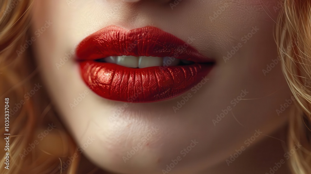 Fototapeta premium Close-up of lips with vibrant red lipstick on a soft, natural background.