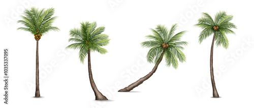 Coconut palms. Summer beach realistic trees, green plant leaf, exotic nature bright tropical objects. Botanical decorative element. Landscape object. Vector isolated rainforest greenery collection