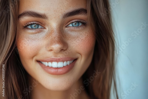 Close-up portrait of a smiling young woman with blue eyes and flawless skin.