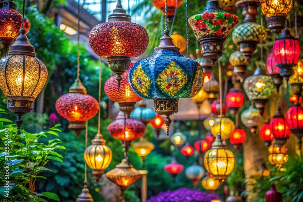 Fototapeta premium Colorful Lanterns Hanging in a Vibrant Landscape Setting for Stock Photography