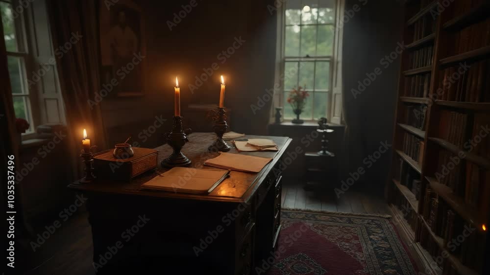 Candlelit desk in front of a window with soft light entering, creating a serene and quiet mood in a study room