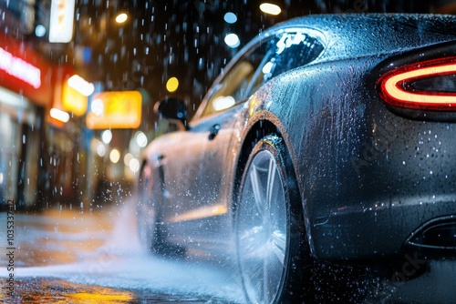 Sleek Sports Car in Rain at Night with Vibrant City Lights photo