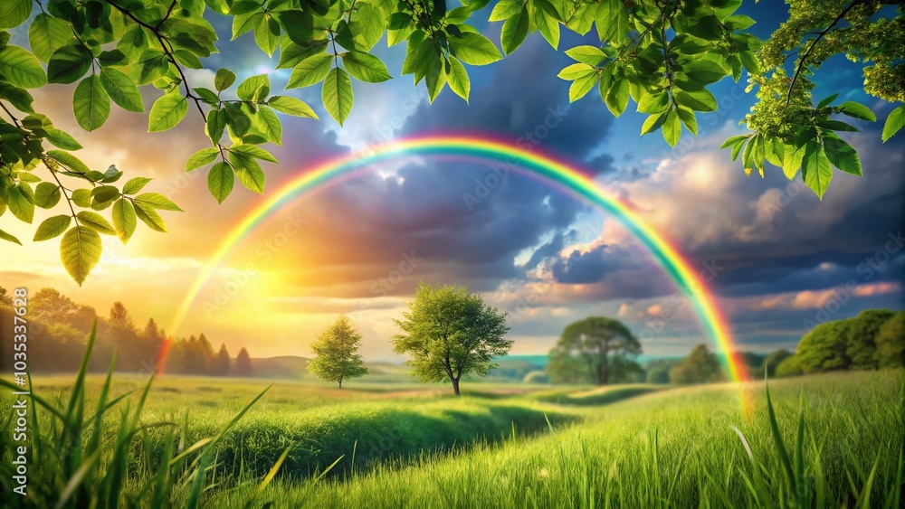 Naklejka premium Colorful Leaves and Grass with Blurred Background and Rainbow - Fashion Photography Inspiration