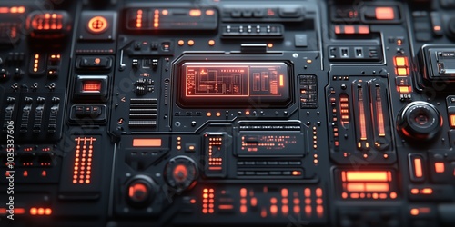 Futuristic dark dashboard with neon orange glowing elements and intricate details.